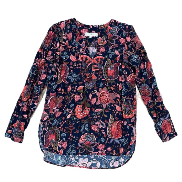 Ann Taylor LOFT Split Neck Navy Coral Boho Floral Long Sleeve Blouse Women Sz S - Picture 3 of 8